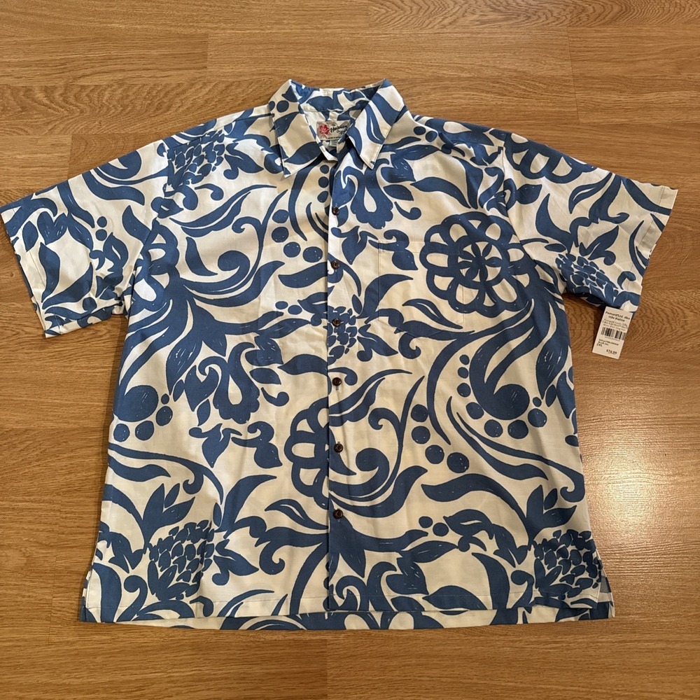 Hilo Hattie Floral Hawaiian Camp Shirt Men's 2XL Cream Blue Pineapple Pareo NWT